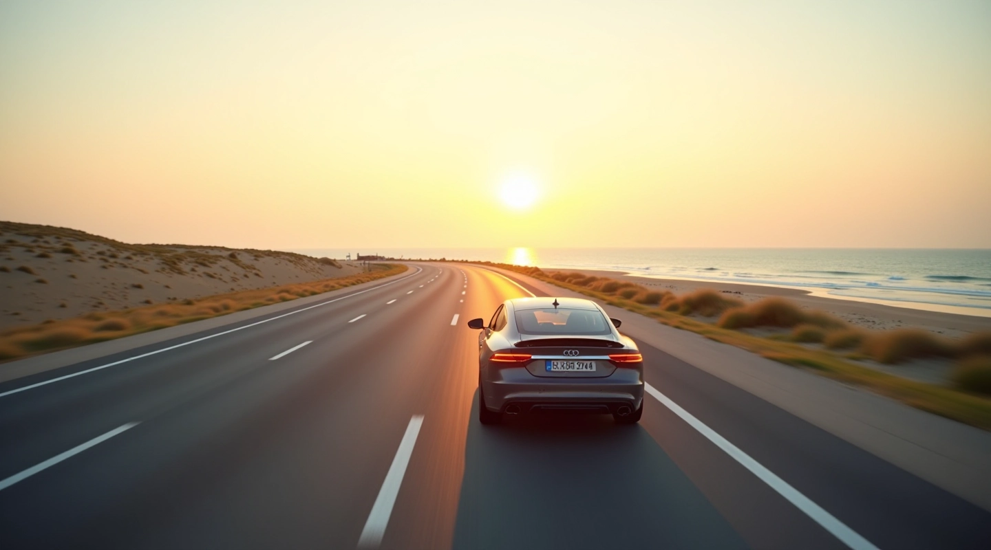 Baltijos jūros paplūdimio vaizdas su automobilių keliu ir smėliu